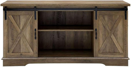 Walker Edison Richmond Modern Farmhouse Sliding Barn Door Stand for TVs up to 65 Inches, Without Fireplace, Rustic Oak - LeafyLoom