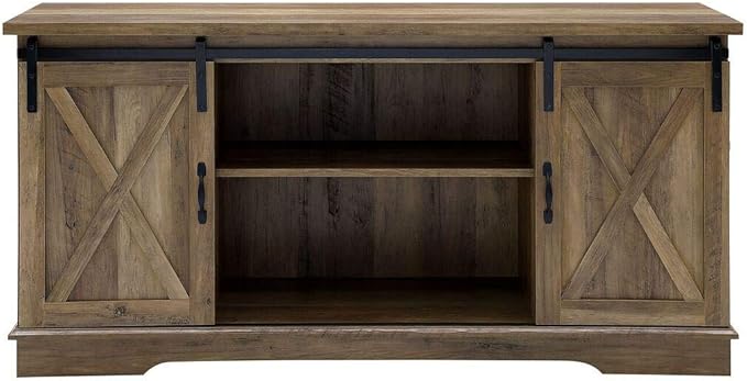 Walker Edison Richmond Modern Farmhouse Sliding Barn Door Stand for TVs up to 65 Inches, Without Fireplace, Rustic Oak - LeafyLoom