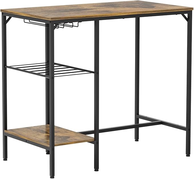 Bar Height Table and Chairs for 2, Compact Dining Table with 2 Tiers Storage Rack, Wine Rack and 2 PU Leather Upholstered Seat Stools, for Kitchen Breakfast, Small Space, Rustic Brown - LeafyLoom