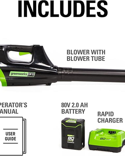 Greenworks 80V (125 MPH / 500 CFM / 75+ Compatible Tools) Cordless Axial Leaf Blower, 2.0Ah Battery and Charger Included - LeafyLoom