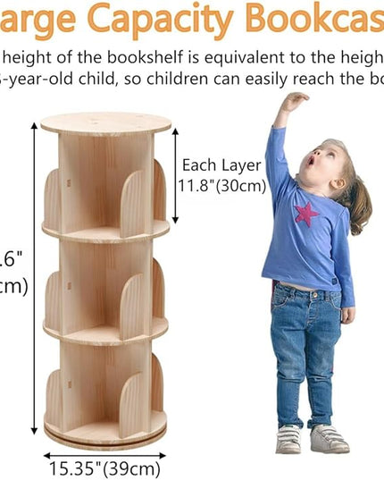 3 Tier 360 Display Rotating Bookshelf, Revolving Bookcase for Kids&Adults, Rotating Bookshelf Tower for Preschoolers' Classrooms, Nursery, Bedrooms, Living Room - LeafyLoom