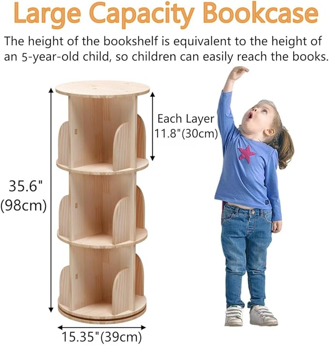 3 Tier 360 Display Rotating Bookshelf, Revolving Bookcase for Kids&Adults, Rotating Bookshelf Tower for Preschoolers' Classrooms, Nursery, Bedrooms, Living Room - LeafyLoom
