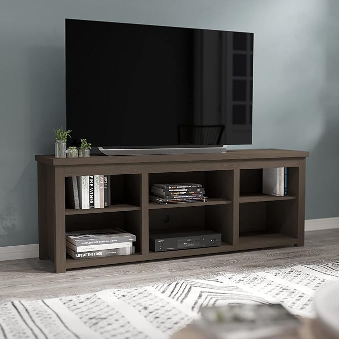 Flash Furniture Kilead TV Stand for up to 80" TVs - Modern Espresso Finish - 65" Engineered Wood Framed Media Console - 6 Open Storage Compartments - LeafyLoom