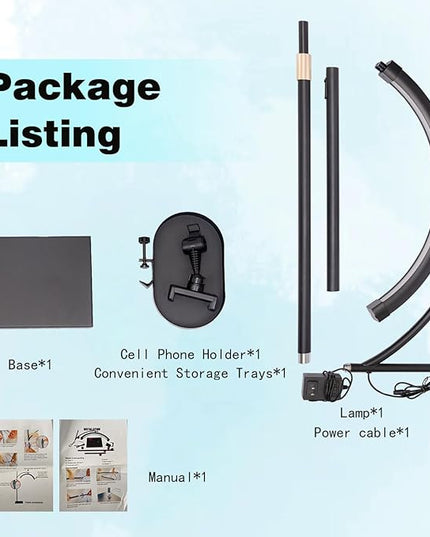 Lash Light Esthetician Lamp for Lash Extensions - LED Floor Lash Lamp Half Moon Ring Facial Light for Eyelash Tech with Pallets & Phone Holder Light for Tattoo Artists, Nail Tech X Black - LeafyLoom