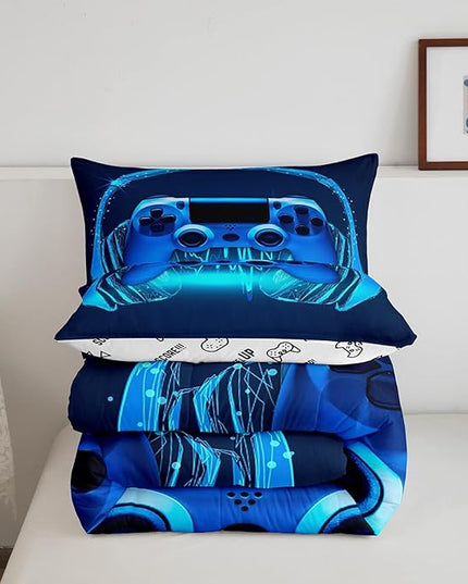 Gamer Comforter Set Full Size,Blue Headphones Musical Design Games Gamepad Bedding Set for Kids Boys Video Game Room Decor Retro Playing Gamer Down Comforter Gaming Controller Quilted Duvet Set - LeafyLoom