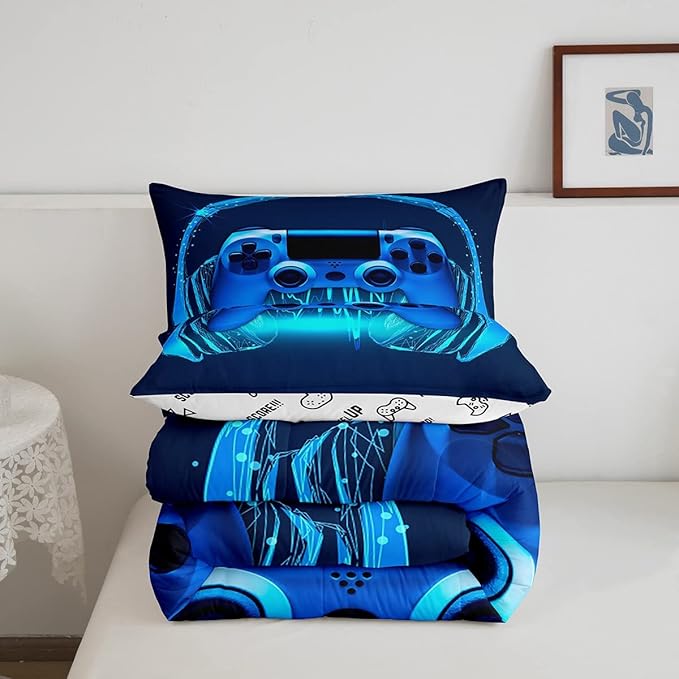 Gamer Comforter Set Queen Size,Blue Headphones Musical Design Games Gamepad Bedding Set for Kids Boys Video Game Room Decor Retro Playing Gamer Down Comforter Gaming Controller Quilted Duvet Set - LeafyLoom