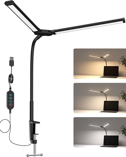 Desk Lamp, Double Head Led Desk Lamp, 15W Ultra Bright Architect Task Desk Light, Eye Caring Desk light, Desk Lamp for Home/Office/Study/Drafting/Reading/Dorm(Black) - LeafyLoom