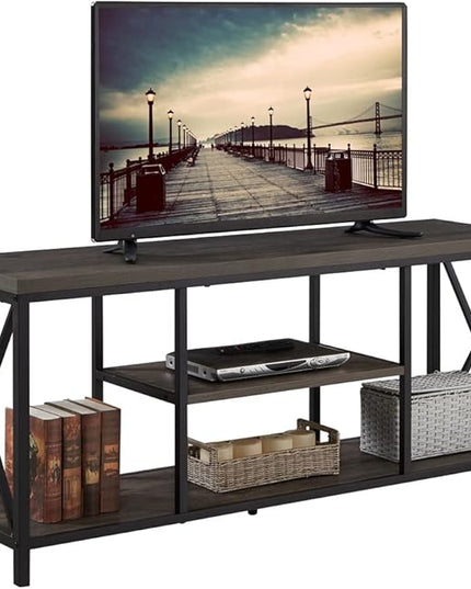 55 inch TV Stand for TV up to 65 inch, Rustic Wood and Metal Media TV Console Table for Living Room, Grey - LeafyLoom