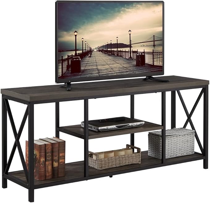 55 inch TV Stand for TV up to 65 inch, Rustic Wood and Metal Media TV Console Table for Living Room, Grey - LeafyLoom