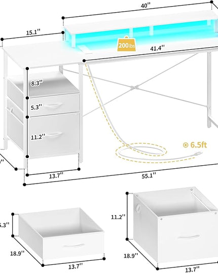 Yoobure Computer Desk, Office Desk with LED Lights & Power Outlets, Gaming Desk with Fabric File Cabinet, 55.1" Home Office Desks， Writing Desk with Drawers, Computer Table with Long Monitor Stand - LeafyLoom