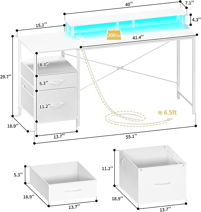 Yoobure Computer Desk, Office Desk with LED Lights & Power Outlets, Gaming Desk with Fabric File Cabinet, 55.1" Home Office Desks, Writing Desk with Drawers, Computer Table with Long Monitor Stand - LeafyLoom
