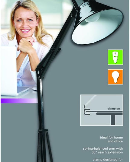 Xtricity Architect 30" Swing Arm Black Metal Desk Lamp,Plug in Clamp Light with Screw in Base, LED Bulb Included, Black Finish Gooseneck Clamp On Lamp - LeafyLoom