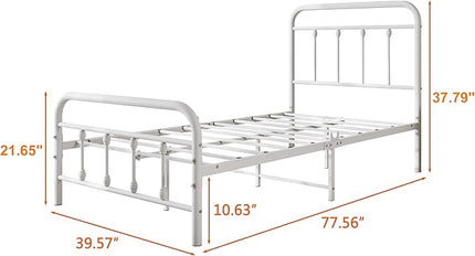 Vintage Twin Size Bed Frame with Headboard and Footboard Mattress Heavy Duty Metal Platform Bed Frame Steel Slat Support (Twin, White) - LeafyLoom