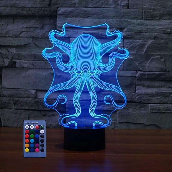 3D Octopus Night Light USB Powered Remote Control Touch Switch Decor Table Optical Illusion Lamps 7/16 Color Changing LED Lamp Xmas Home Love Brithday Children Kids Toy Gift - LeafyLoom