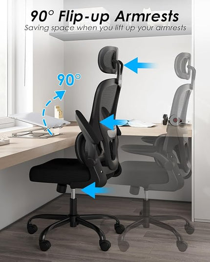 Soohow Ergonomic Home Office Chair, Mesh Desk Chair with Lumbar Support, Comfy Computer Desk Chair with Flip Armrest Rolling Wheels, Adjustable Headrest, Black. - LeafyLoom