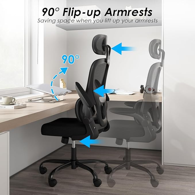 Soohow Ergonomic Home Office Chair, Mesh Desk Chair with Lumbar Support, Comfy Computer Desk Chair with Flip Armrest Rolling Wheels, Adjustable Headrest, Black. - LeafyLoom