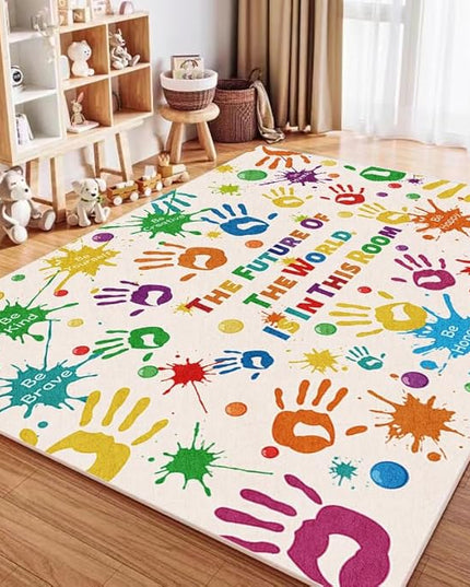 Colorful Kids Rug, Washable Rug for Kids, Handprints Area Rugs for Kids Bedroom, Non-Slip Play Mat Ultra Soft Thick Indoor Plush Rugs for Playroom Classroom Nursery Decor (9'2" X 6'7") - LeafyLoom