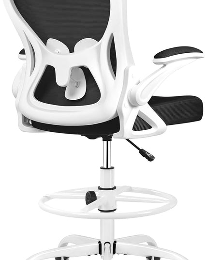 Drafting Chair, Tall Office Chair Ergonomic Standing Desk chair, Lumbar Support Computer Chair Swivel Task Rolling Chair with Adjustable Flip-up Armrests & Foot Ring (White) - LeafyLoom