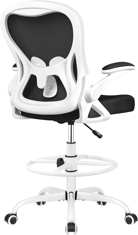 Drafting Chair, Tall Office Chair Ergonomic Standing Desk chair, Lumbar Support Computer Chair Swivel Task Rolling Chair with Adjustable Flip-up Armrests & Foot Ring (White) - LeafyLoom
