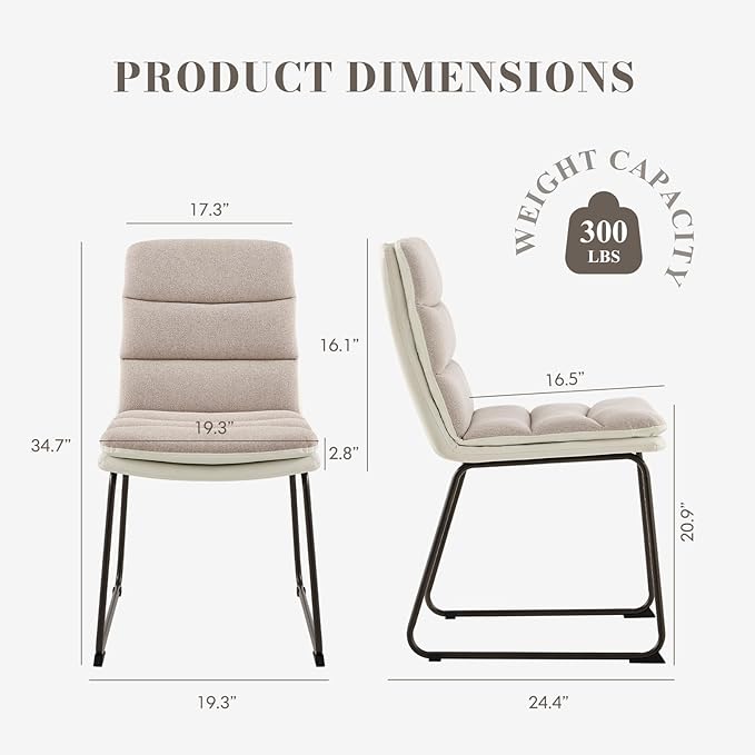 Dining Chairs Set of 2, Upholstered Dining Room Kitchen Chairs with Metal Legs, Modern Fabric PU Leather Side Chairs for Home Office, Light Brown - LeafyLoom