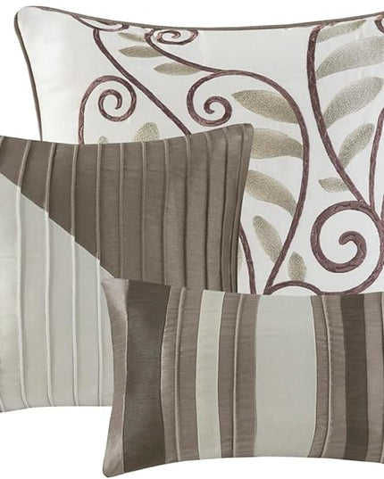 Madison Park Amherst Faux Silk Comforter Set-Casual Contemporary Design All Season Down Alternative Bedding, Matching Shams, Bedskirt, Decorative Pillows, Cal King(104"x92"), Natural, 7 Piece - LeafyLoom