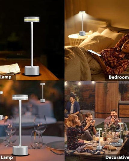 Cordless Metal Desk Lamp,Portable LED Table Lamp with Touch Sensor,3 Color Rechargeable Lamp,3-Levels Brightness Lamp,Night Light for Kids Nursery,Bedside Lamp,Dining Room Lamp (Silver) - LeafyLoom