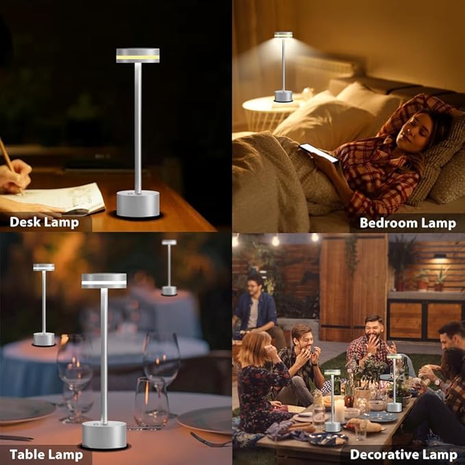 Cordless Metal Desk Lamp,Portable LED Table Lamp with Touch Sensor,3 Color Rechargeable Lamp,3-Levels Brightness Lamp,Night Light for Kids Nursery,Bedside Lamp,Dining Room Lamp (Silver) - LeafyLoom