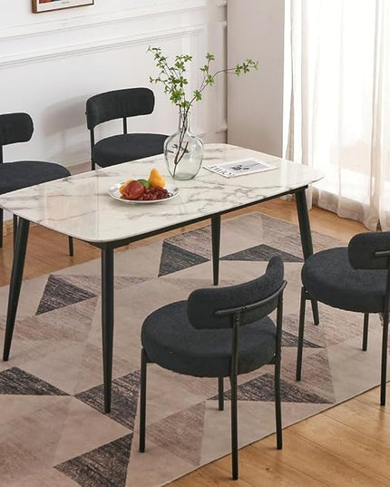 EDWELL Black Boucle Dining Chairs Set of 4, Mid Century Modern Dining Room Chairs with 3.94“ Cushions, Round Upholstered Kitchen Chairs with Black Metal Legs for Dining Chair, Living Room - LeafyLoom