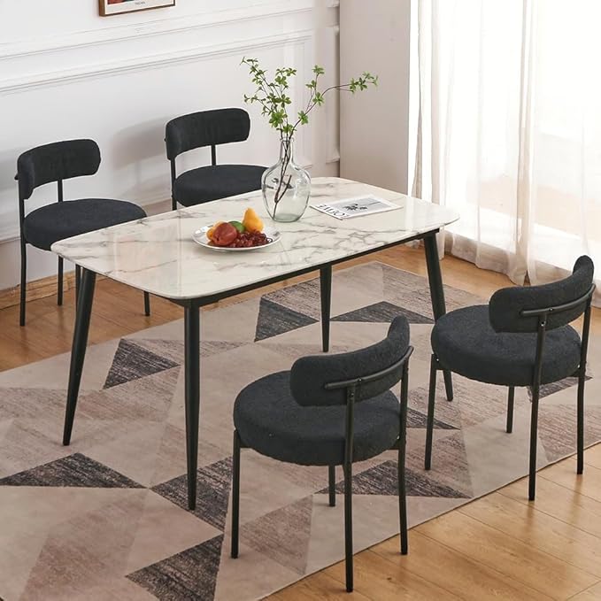 EDWELL Black Boucle Dining Chairs Set of 4, Mid Century Modern Dining Room Chairs with 3.94“ Cushions, Round Upholstered Kitchen Chairs with Black Metal Legs for Dining Chair, Living Room - LeafyLoom