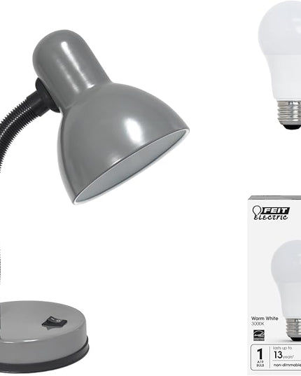 Simple Designs LD1003-GRY-LB 14.25" Basic Metal Desk Lamp with Flexible Hose Neck for Office, Living Room, Bedroom, College Dorm, Bookshelf, Silver, with Feit LED Bulb Included - LeafyLoom