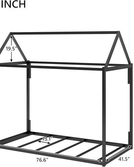 Metal Twin Size Montessori Floor Bed for Kids,Floor Bed Twin,House Bed with Slats for Boys Girls,Metal House Shape Platform Bed,No Spring Box Required,Black - LeafyLoom