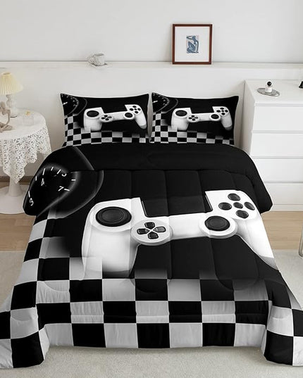 Gampad Comforter Set Queen Size,Gamer Lover Bedding Set Gift for Boys Youth,Video Game Reversible Quilted Duvet Soft Warm Game Room Decor,Black Buffalo Plaid Check Duvet Insert + 2 Pillowcases - LeafyLoom
