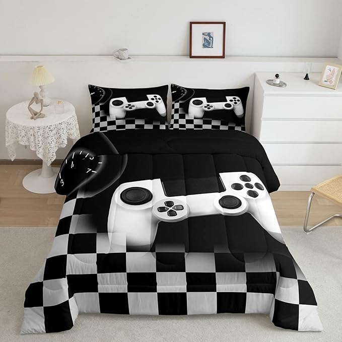 Gampad Comforter Set Queen Size,Gamer Lover Bedding Set Gift for Boys Youth,Video Game Reversible Quilted Duvet Soft Warm Game Room Decor,Black Buffalo Plaid Check Duvet Insert + 2 Pillowcases - LeafyLoom