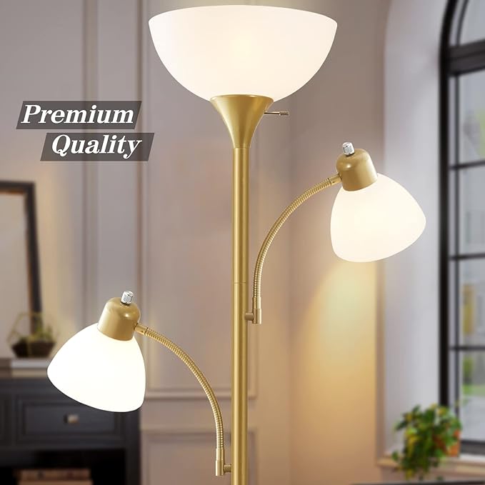 Luvkczc Torchiere Floor Lamps for Living Room, 3 Light Tree Floor Lamp, Gold Modern Tall Standing Lamps, Industrial Bright Floor Lamp for Bedroom, Office, Dresser, 3 LED Bulbs Included - LeafyLoom