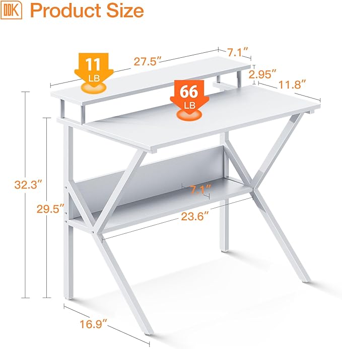 ODK Small Computer Desk, 27.5 inch Desk for Small Spaces with Storage, Compact Table with Monitor & Storage Shelves for Home Office, Modern Style Laptop Desk, Pure White - LeafyLoom
