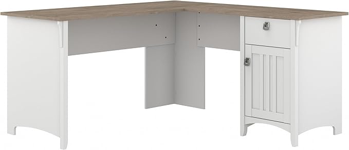 Bush Furniture Salinas L-Shaped Desk with Storage | Study Table with Drawers & Cabinets | Home Office Computer Desk in Pure White and Shiplap Gray - LeafyLoom