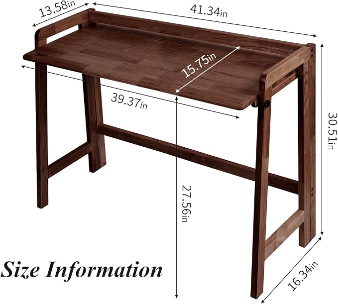 Computer Desk, Foldable Desk, Home Office Desks, Solid Wood Writing Desk, Mid Century Modern Desks, Oak Study Table, Folding Desks for Small Spaces, 39.4 W x 27.6 H x 13.6 D Inches, Walnut - LeafyLoom