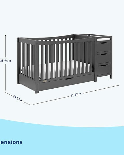 Graco Remi 4-in-1 Convertible Crib & Changer with Drawer (Gray) – GREENGUARD Gold Certified, Crib and Changing -Table Combo, Includes Changing Pad, Converts to Toddler Bed, Daybed and Full-Size Bed - LeafyLoom