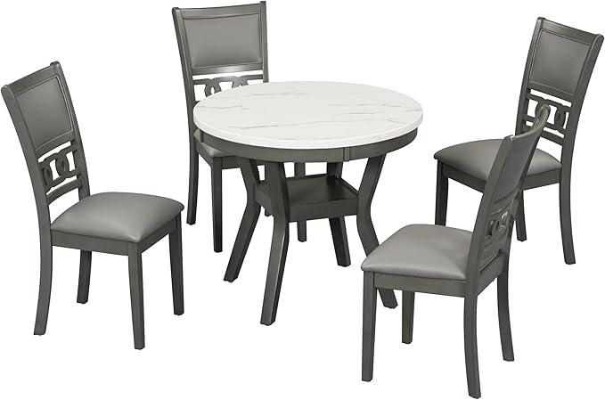 5-Piece Retro Round Dining Table Set with Faux Marble Veneer and Bottom Shelf, 4 PU Leather Upholstered Chairs, for Kitchen, Breakfast Nook, Bar, Living Room, Gray, 35" L x 35" W x 30" H - LeafyLoom