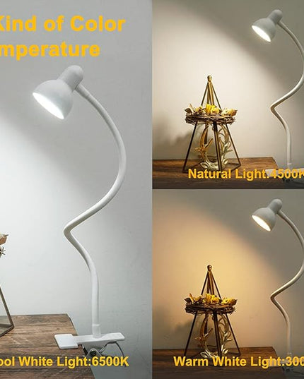 Clip on Lamp USB Reading Light, 3 Color Modes, 10 Brightness Dimmable, Flexible Gooseneck Desk Lamp with Clamp, Eye Care Clip on Light for Bed Desk Headboard Home Dorm(White) - LeafyLoom