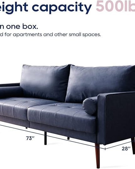 Vonanda Faux Leather Sofa Couch, Mid-Century 73 Inch 3 Seater Leather Couch with Wood Grain Metal Legs and Bolster Pillows for Living Room,Elegant Twilight Blue - LeafyLoom