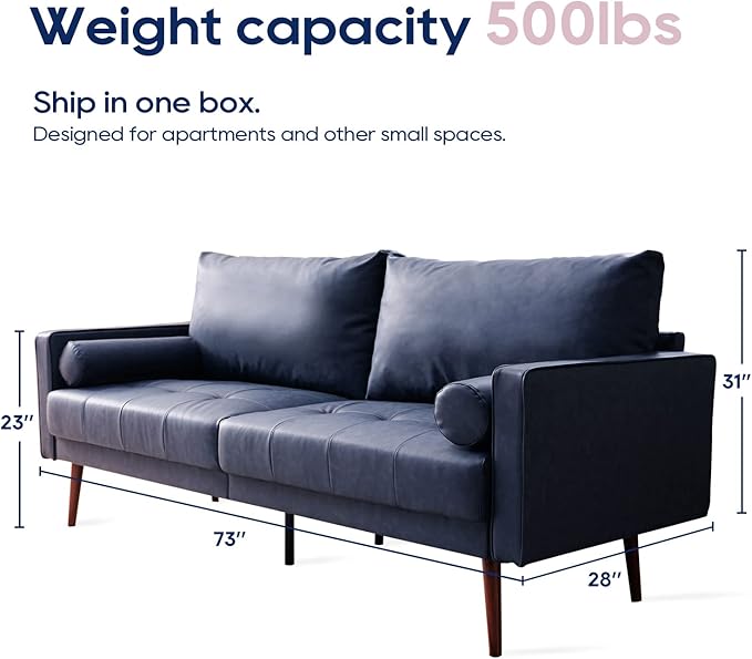 Vonanda Faux Leather Sofa Couch, Mid-Century 73 Inch 3 Seater Leather Couch with Wood Grain Metal Legs and Bolster Pillows for Living Room,Elegant Twilight Blue - LeafyLoom