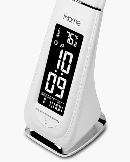 iHome Desk Lamp for Bedroom, Reading Light with Alarm Clock and USB Charging – White (IL100W) - LeafyLoom