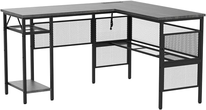 Unikito L Shaped Computer Desk with USB Charging Port and Power Outlet, Reversible Corner Desk with Storage Shelves, Industrial 2 Person Long Gaming Table Modern Home Office Desk, Black Oak - LeafyLoom
