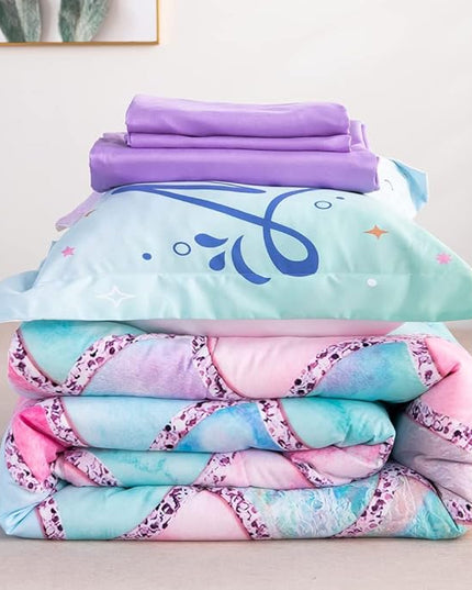 Wajade Kid Mermaid Scale Comforter Bedding Set Full Size, Colorful Rainbow 3D Fish Scale 7 Pieces Soft Bedding Sets with Comforter, Sheet, Pillowcase and Sham for Girls - LeafyLoom
