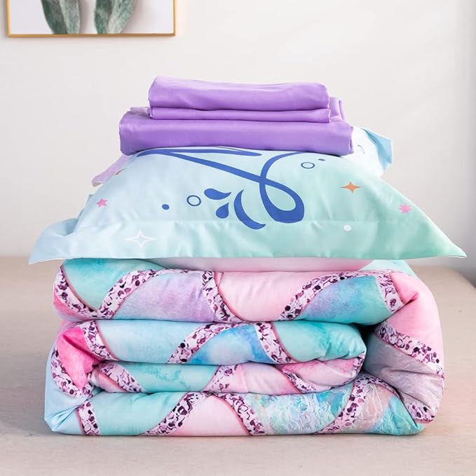 Wajade Kid Mermaid Scale Comforter Bedding Set Full Size, Colorful Rainbow 3D Fish Scale 7 Pieces Soft Bedding Sets with Comforter, Sheet, Pillowcase and Sham for Girls - LeafyLoom