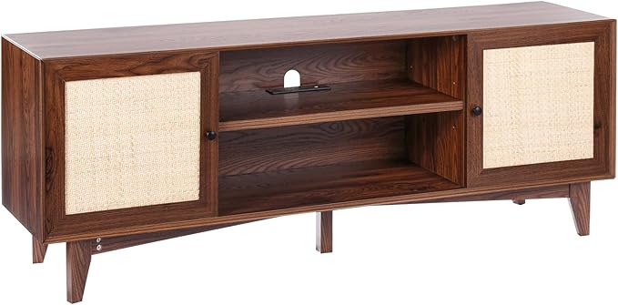 VEVOR Rattan TV Stand for 75in TV, Boho TV Stand with Rattan Door, Entertainment Center with Build-in Socket, Storage Cabinet with 2 Shelves, Modern TV Console for Living Room, Media Room, Walnut - LeafyLoom