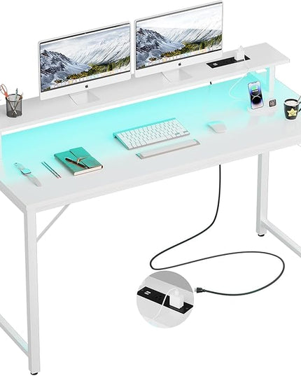 55 inch Computer Desk with Power Outlets, Office Desk Gaming desk with LED Lights, Home Office Desk with Monitor Shelf, Modern Work Desk Study Writing Table for Bedroom, White - LeafyLoom