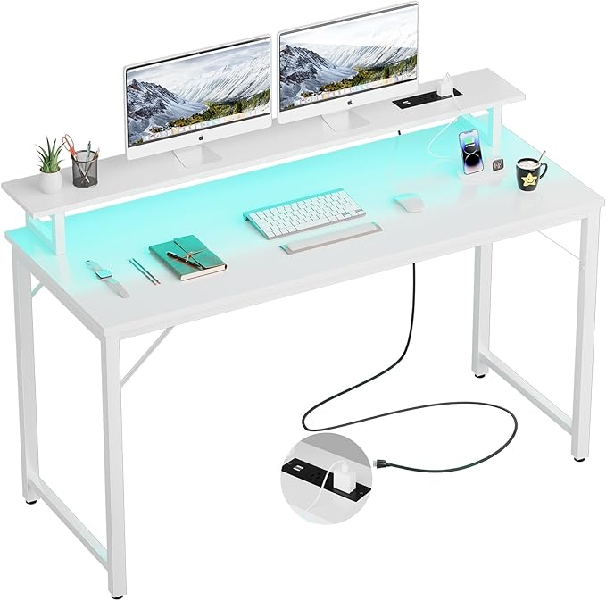 55 inch Computer Desk with Power Outlets, Office Desk Gaming desk with LED Lights, Home Office Desk with Monitor Shelf, Modern Work Desk Study Writing Table for Bedroom, White - LeafyLoom