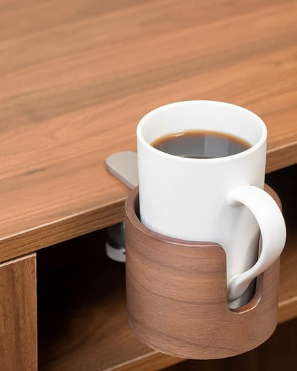 urbanplus Desk Cup Holder, Anti-Spill Walnut Wood Cup Holder for Desk with Aluminium Clamp, Office Desk Accessories, Gaming Desk Accessories, Computer Desk Accessories - LeafyLoom